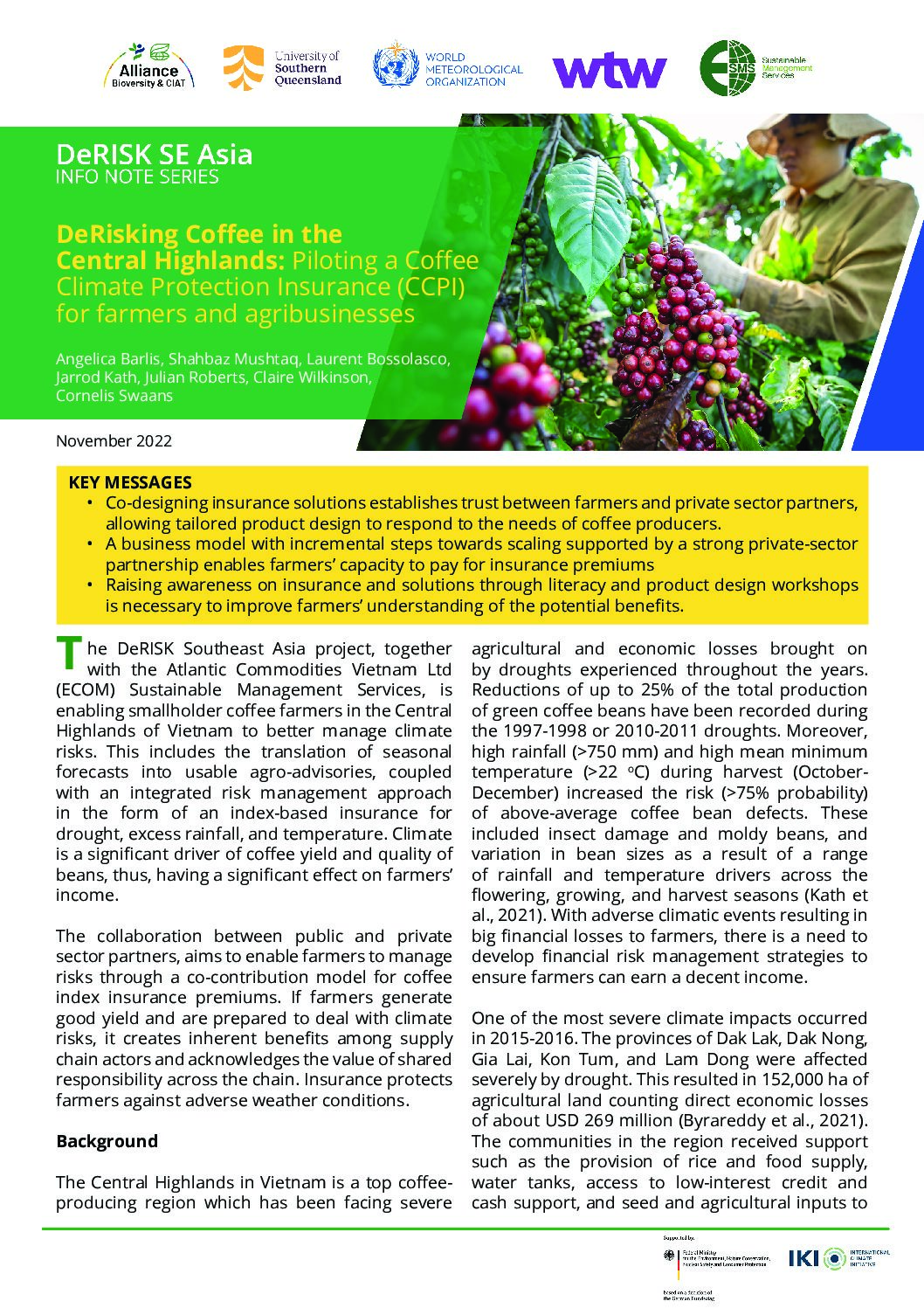 DeRisking coffee in the Central Highlands: Piloting a coffee climate protection insurance for farmers and agribusinesses