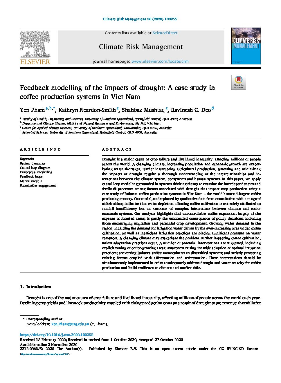Feedback modelling of the impacts of drought: A case study in coffee production systems in Viet Nam